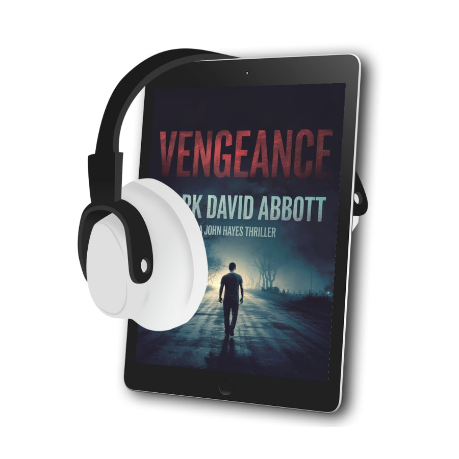 AudioBook cover of Vengeance by Mark David Abbott, featuring a lone man standing in a desolate Indian street, evoking suspense and revenge.
